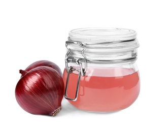 Photo of Glass jar of onion syrup and fresh ingredient on white background