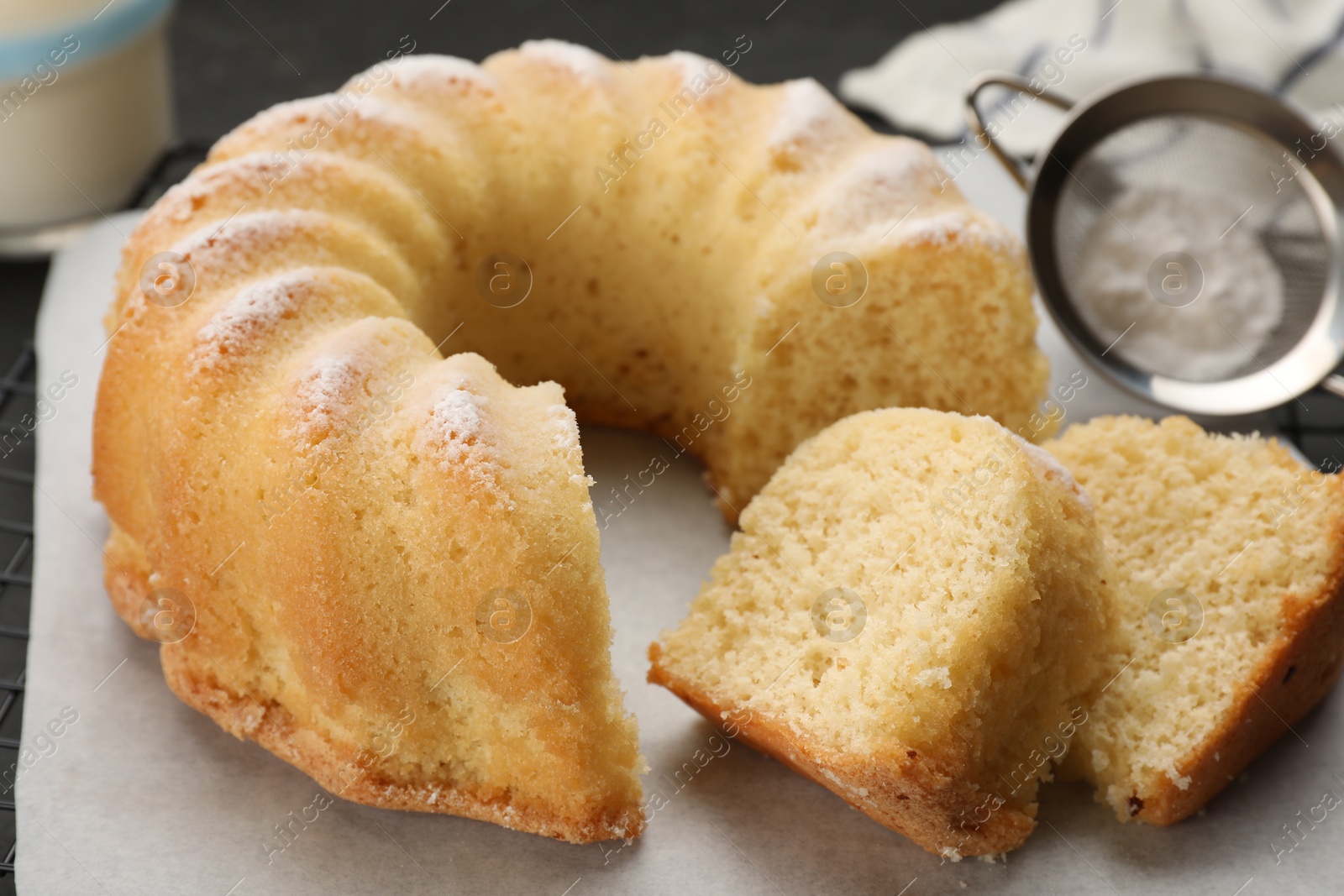 Photo of Delicious freshly baked sponge cake on table, closeup