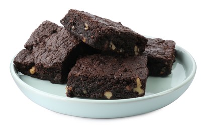 Photo of Delicious chocolate brownies with nuts on white background