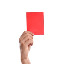 Football referee holding red card on white background, closeup