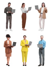 Image of People with laptops on white background, collage design