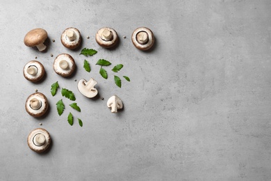 Photo of Flat lay composition with fresh champignon mushrooms on grey background, space for text