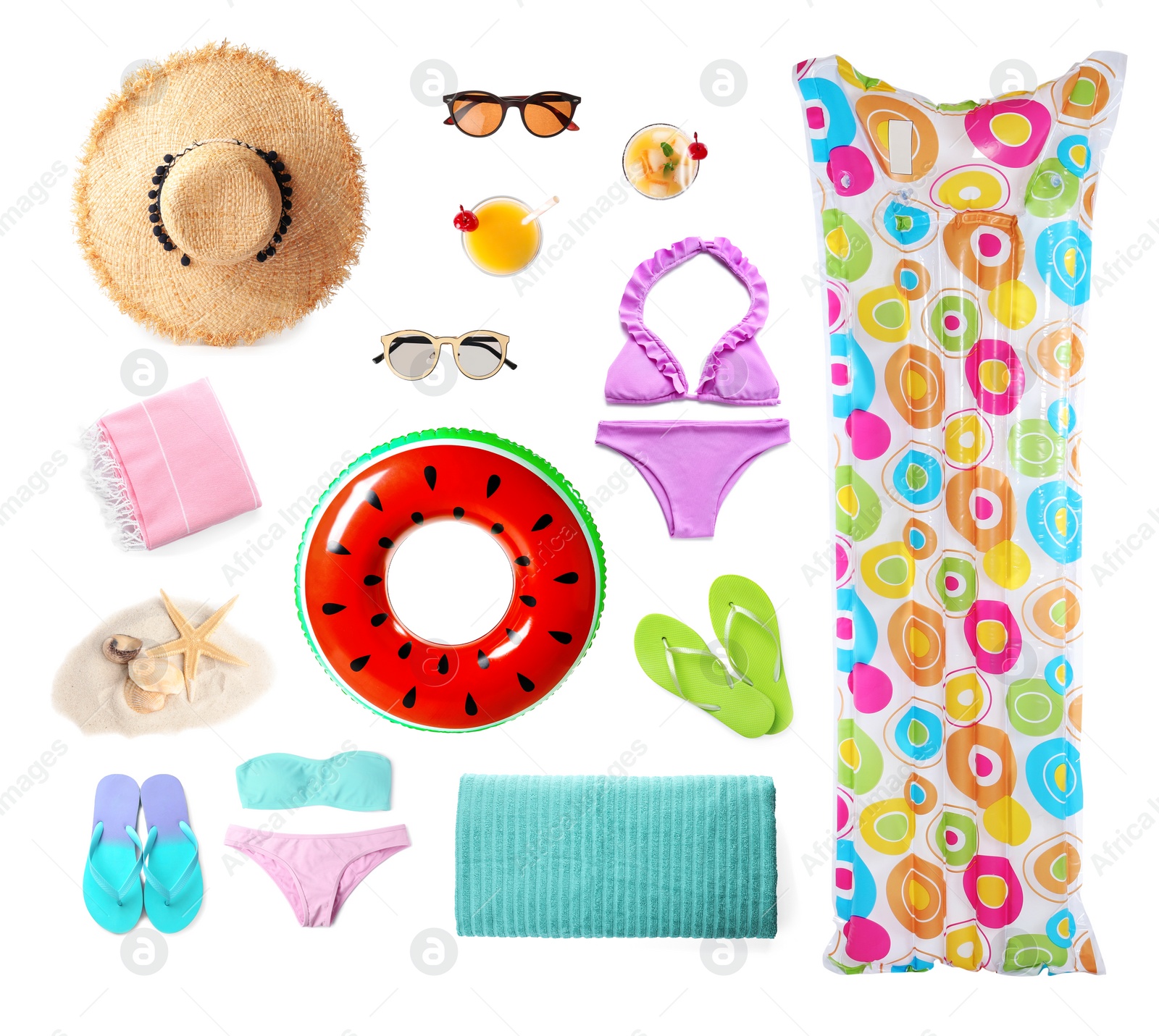 Image of Set of items needed in summer vacation on white background