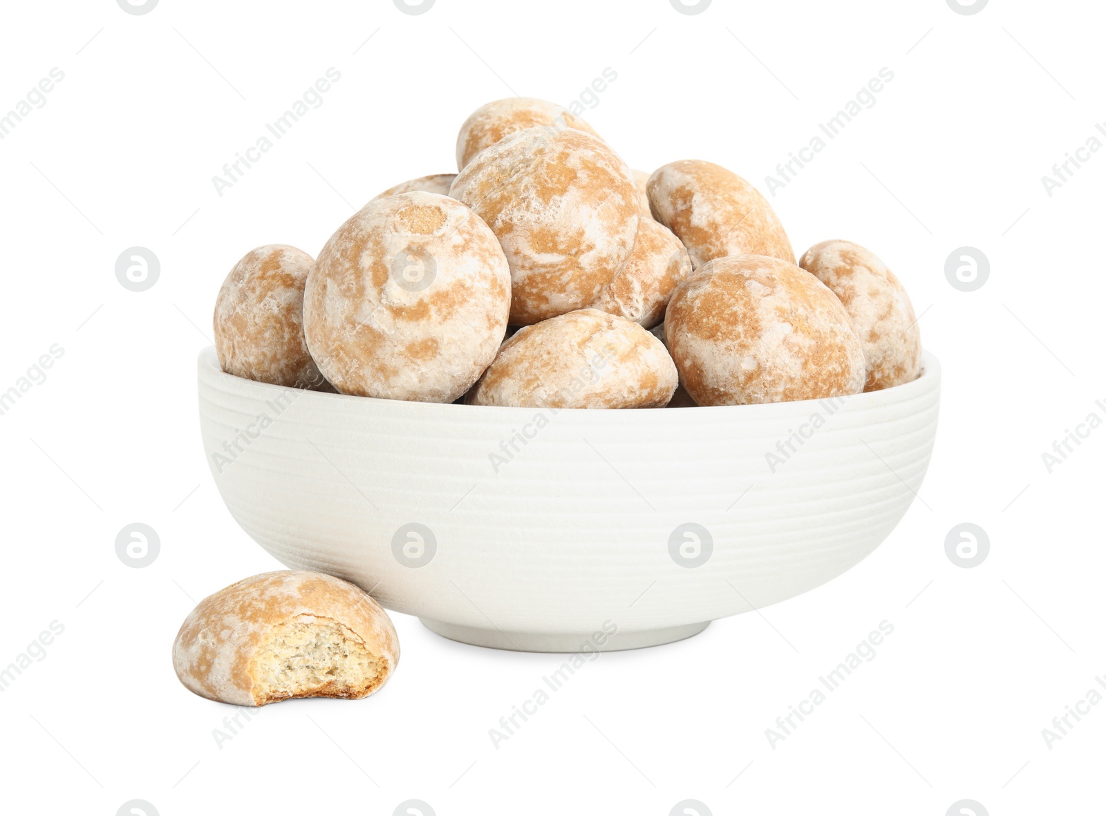 Photo of Tasty homemade gingerbread cookies in bowl on white background