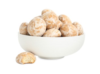 Tasty homemade gingerbread cookies in bowl on white background