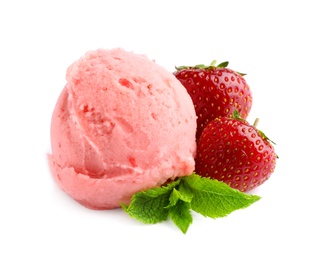 Photo of Scoop of delicious strawberry ice cream with mint and fresh berries on white background
