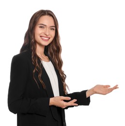 Photo of Portrait of hostess in uniform on white background