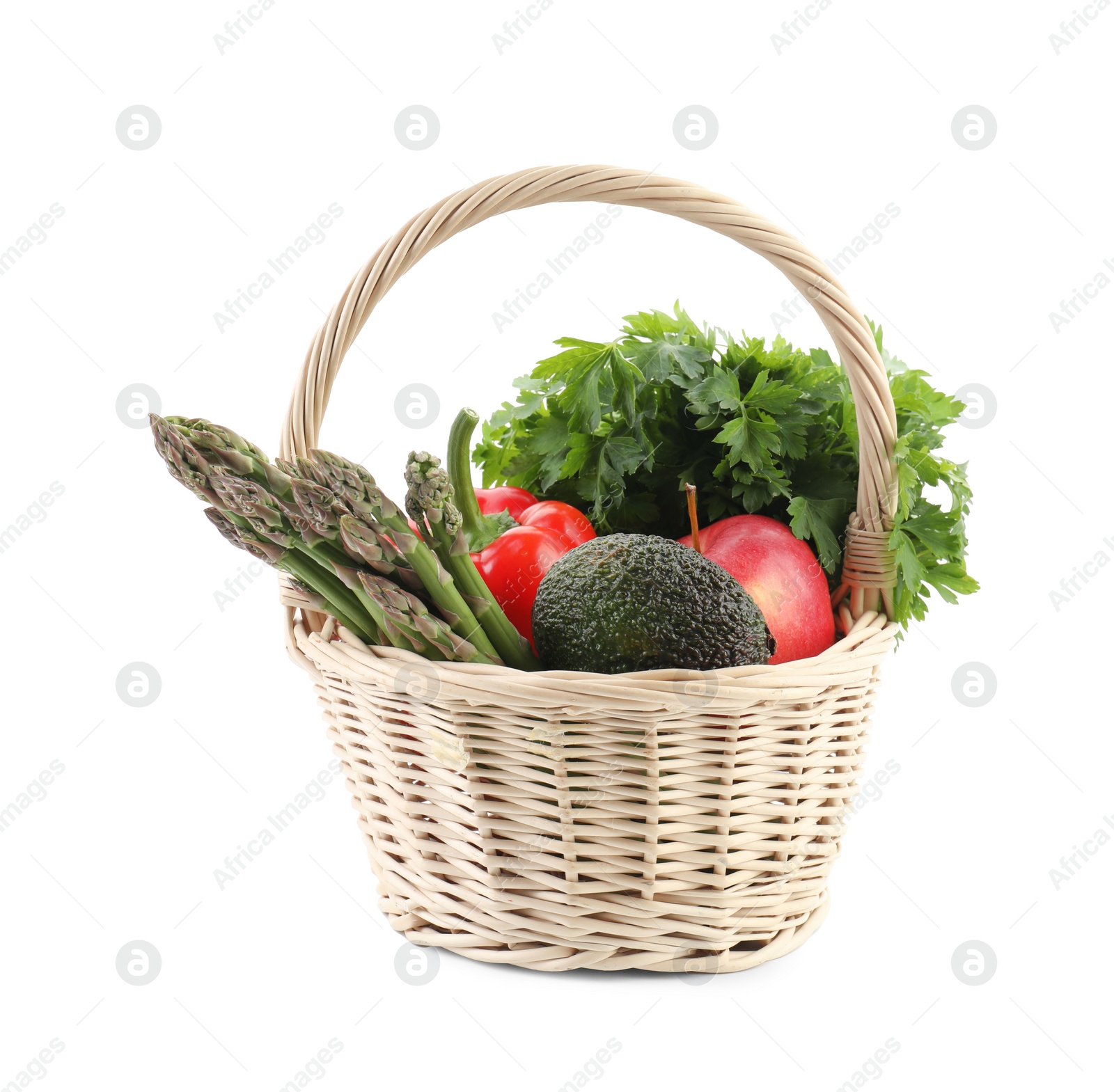 Photo of Healthy food. Different fresh products in wicker basket isolated on white