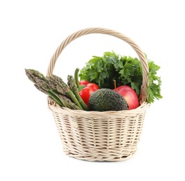 Photo of Healthy food. Different fresh products in wicker basket isolated on white