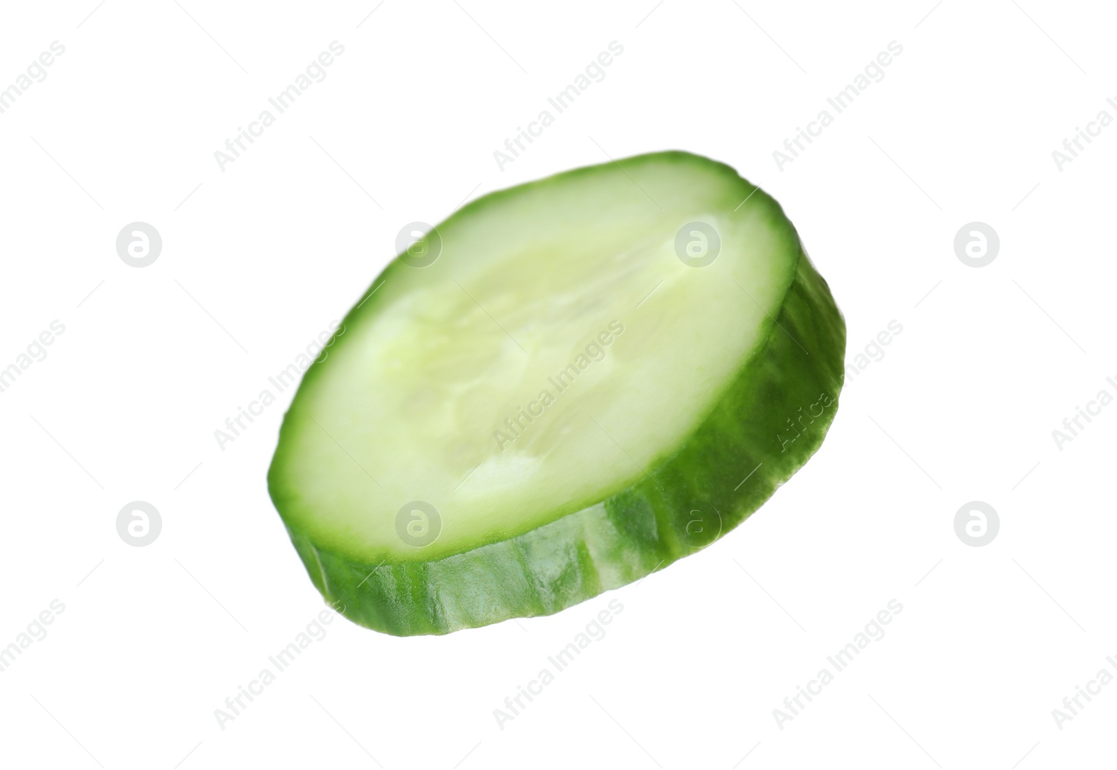 Photo of Slice of ripe cucumber on white background