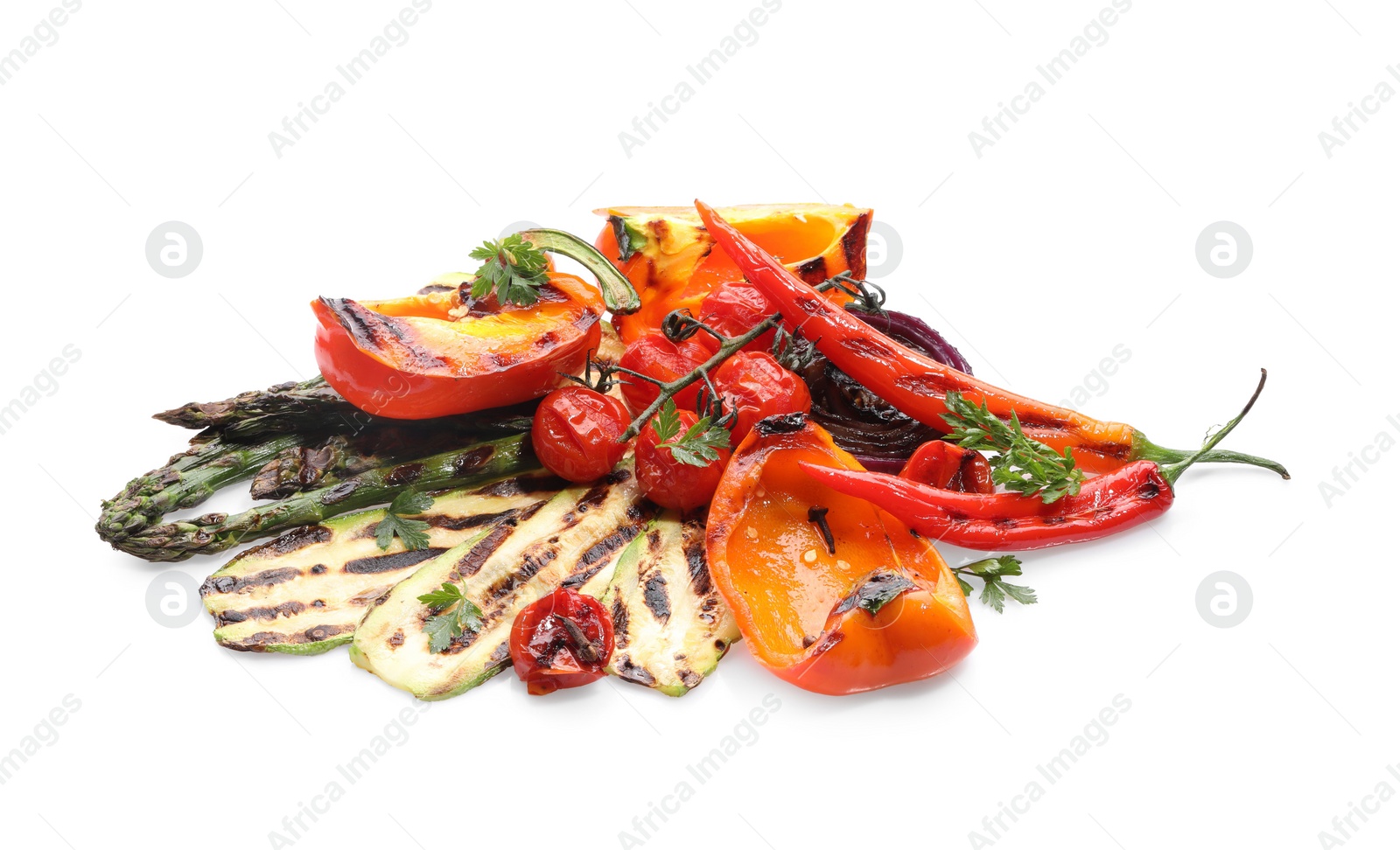 Photo of Different delicious grilled vegetables isolated on white