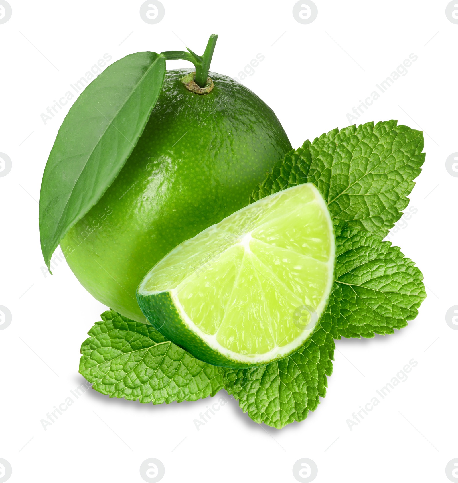 Image of Fresh ripe limes and green mint leaves isolated on white