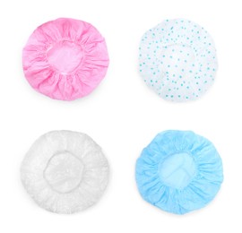 Image of Set with waterproof shower caps on white background, top view