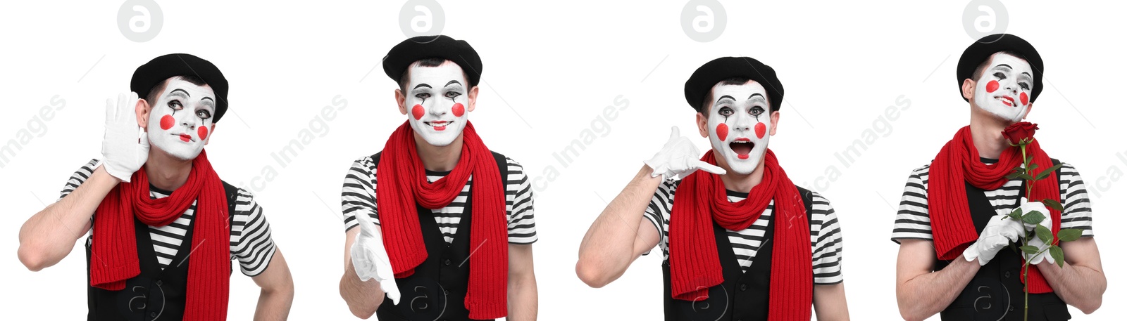 Image of Funny mime posing on white background, set of photos