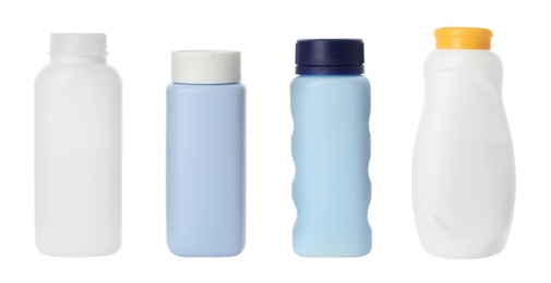 Image of Set with different bottles of baby cosmetic products on white background