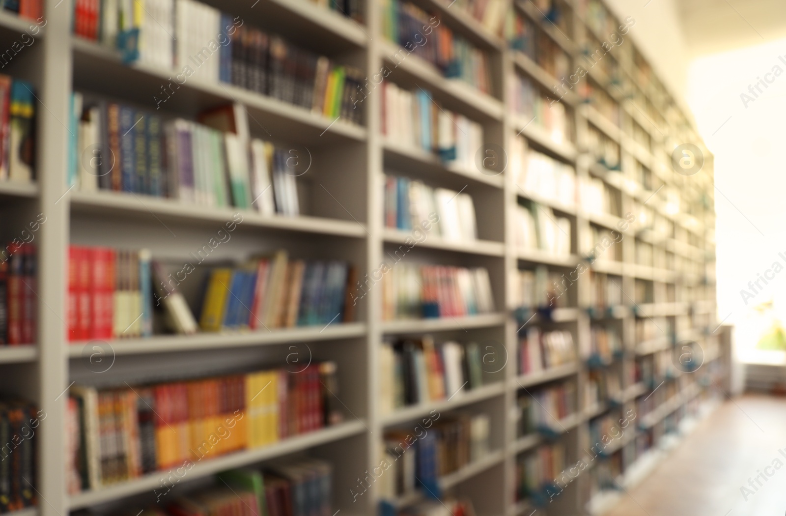 Photo of Blurred view of shelves with books in library