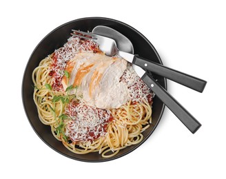 Photo of Delicious pasta with tomato sauce, chicken and parmesan cheese on white background, top view