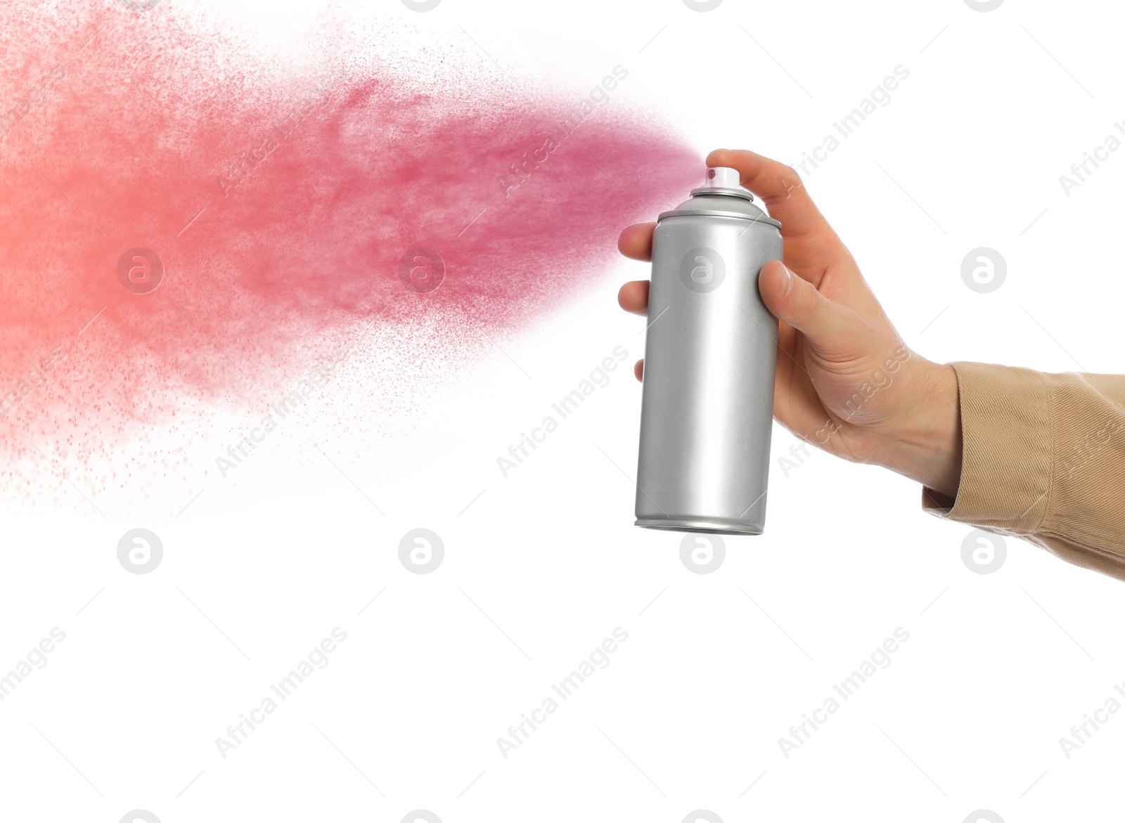 Image of Man spraying paint on white background, closeup