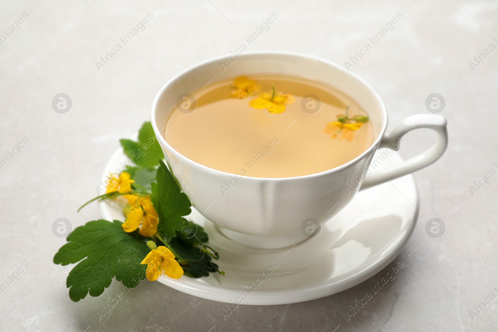 Photo of Cup of aromatic celandine tea and flowers on grey table, closeup