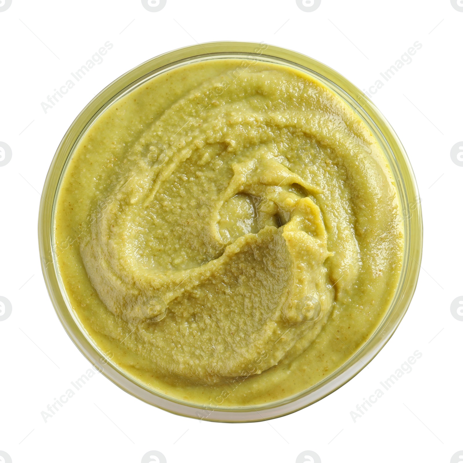 Photo of Delicious wasabi in bowl on white background, top view. Spicy sauce