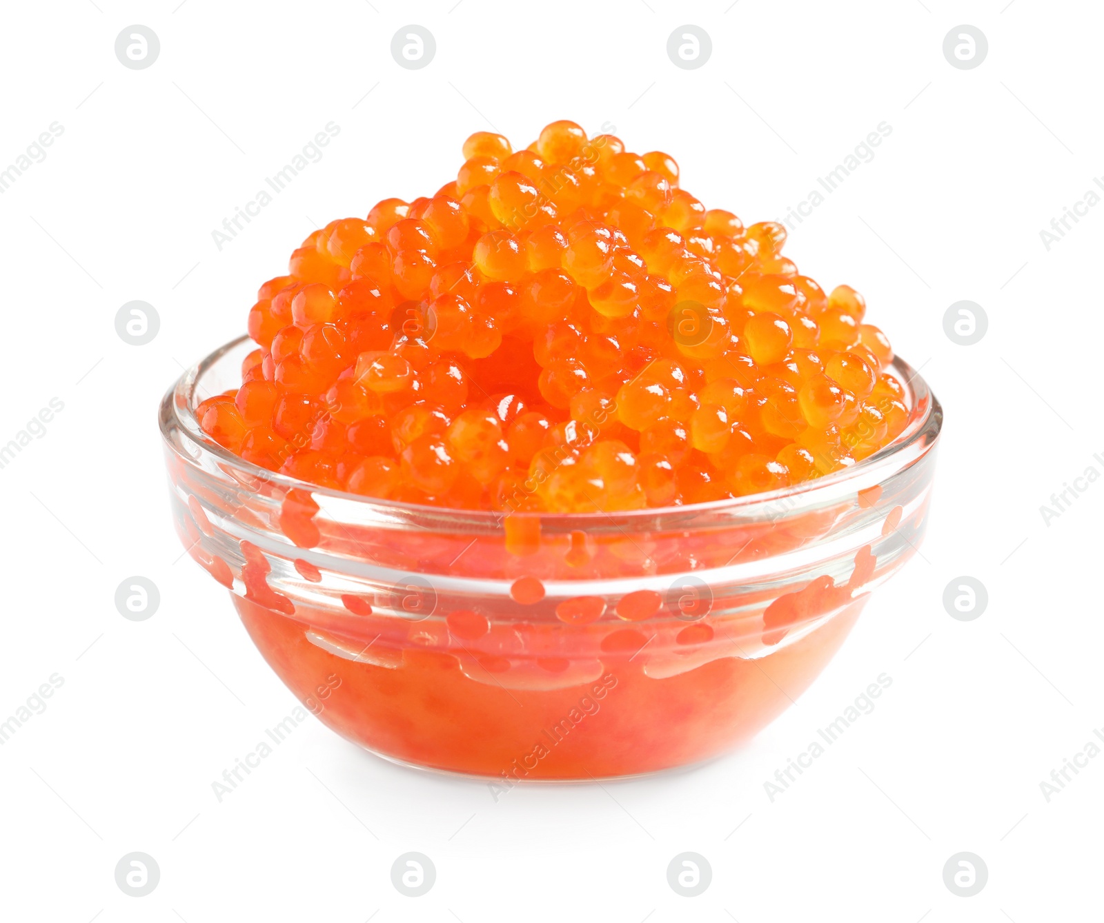 Photo of Bowl with delicious red caviar on white background