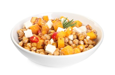 Plate with delicious fresh chickpea salad isolated on white