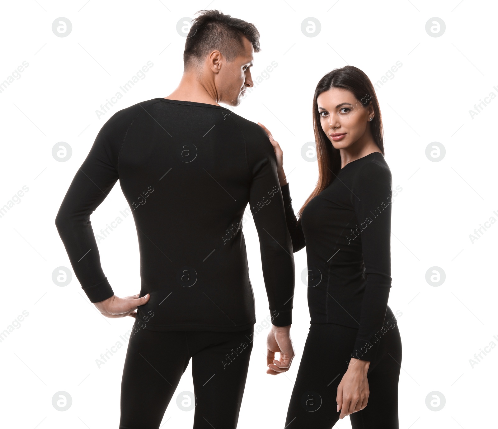 Photo of Couple wearing thermal underwear isolated on white