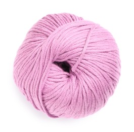 Pink woolen yarn isolated on white, top view