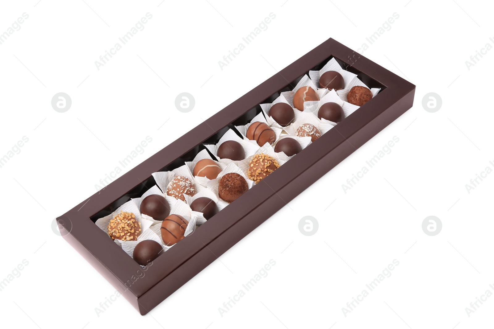 Photo of Box with delicious chocolate candies isolated on white