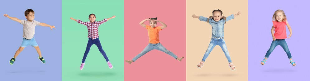 Group of children jumping on color backgrounds, set of photos