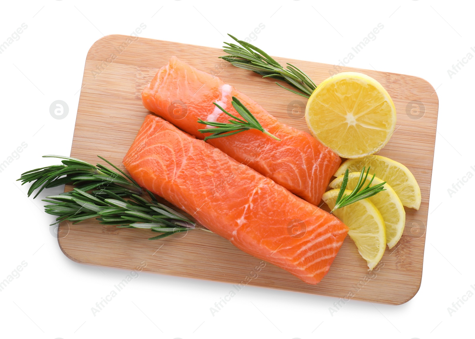 Photo of Pieces of fresh raw salmon, rosemary and lemon slices isolated on white, top view