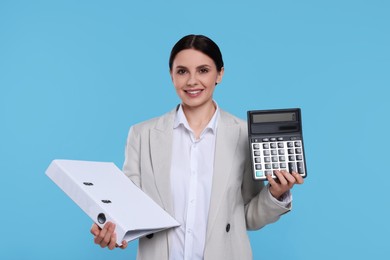 Smiling accountant with calculator and folder on color background