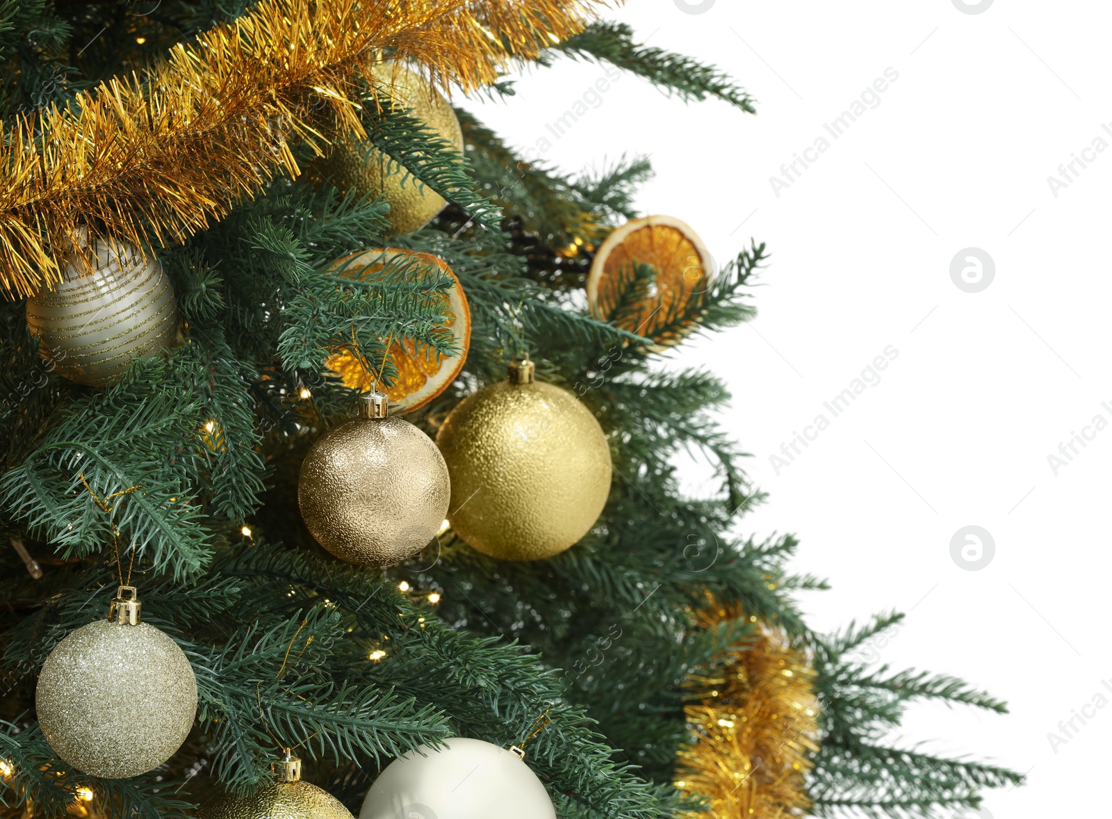 Photo of Beautiful Christmas tree decorated with ornaments isolated on white