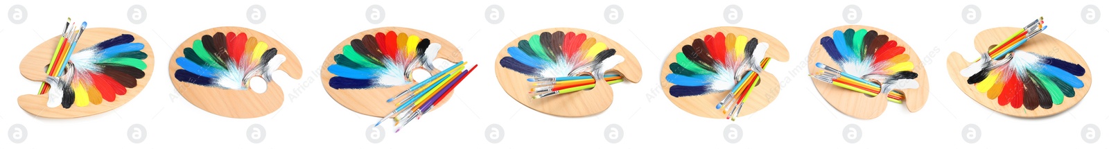 Image of Palettes with paints and brushes on white background, collage. Banner design