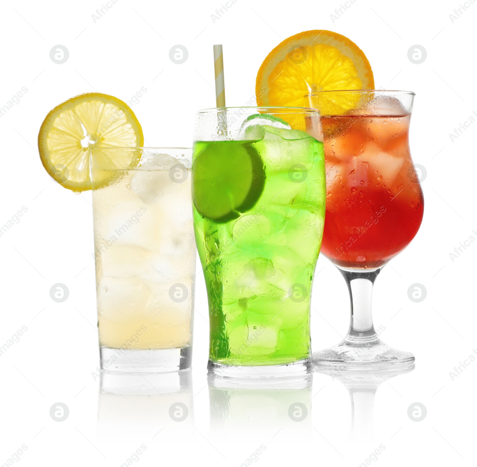 Photo of Delicious refreshing drinks in glasses on white background