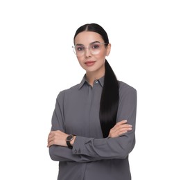 Photo of Portrait of beautiful woman in glasses on white background. Lawyer, businesswoman, accountant or manager