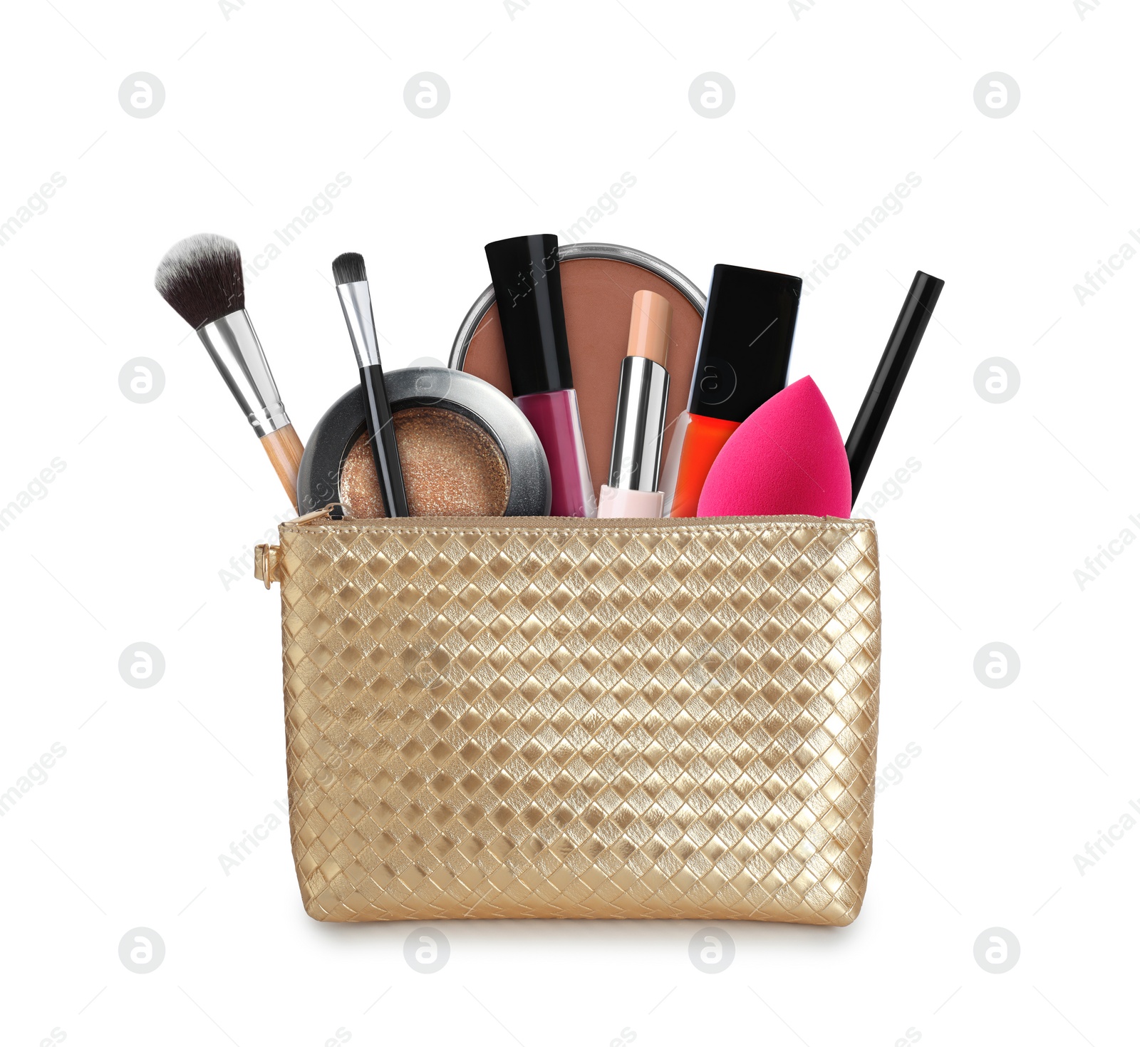 Image of Cosmetic bag filled with makeup products on white background