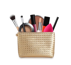 Image of Cosmetic bag filled with makeup products on white background