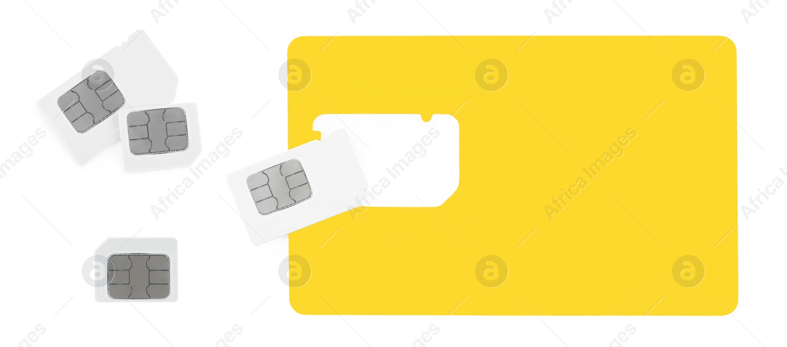 Image of Set with different SIM cards on white background. Banner design