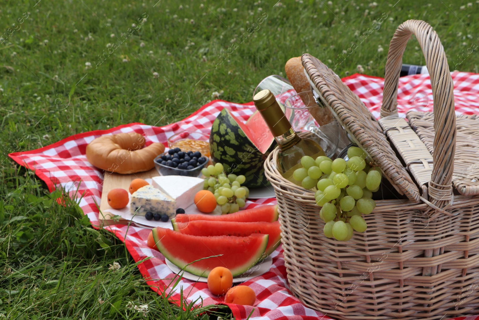 Photo of Picnic blanket with delicious food and wine outdoors on summer day