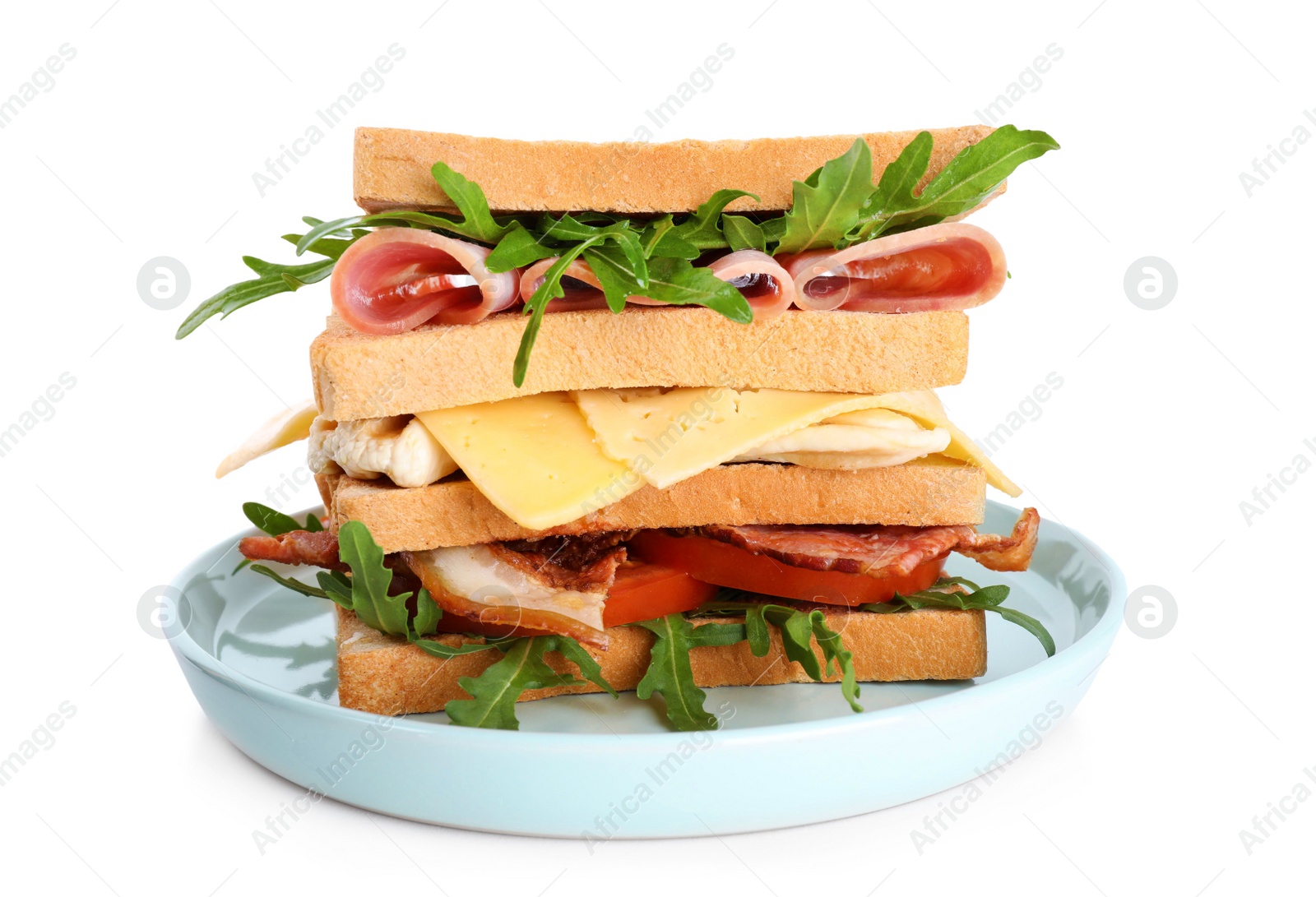 Photo of Tasty sandwich with chicken, ham and bacon isolated on white