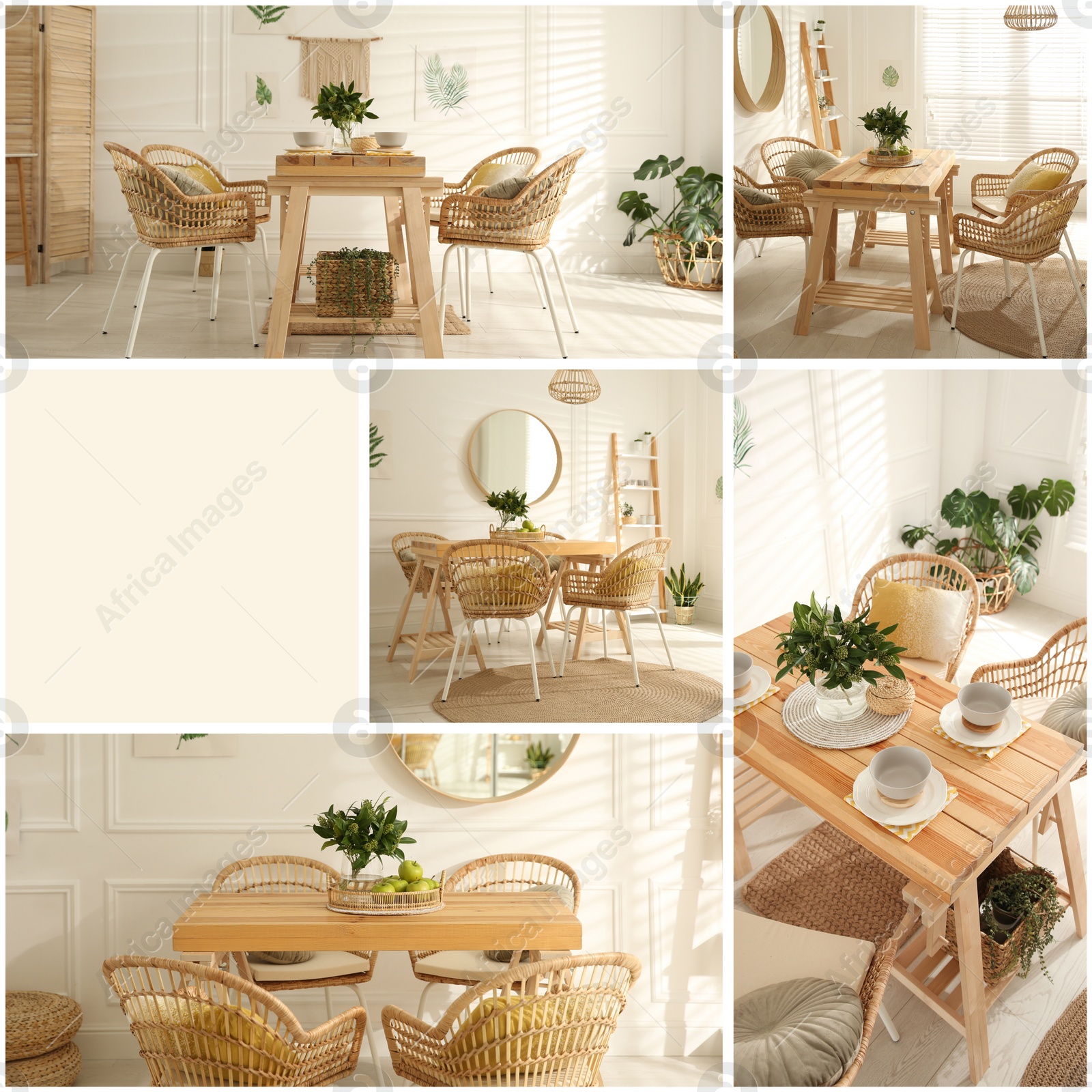 Image of Ideas of stylish dining room interior design, collage of photos. Space for text