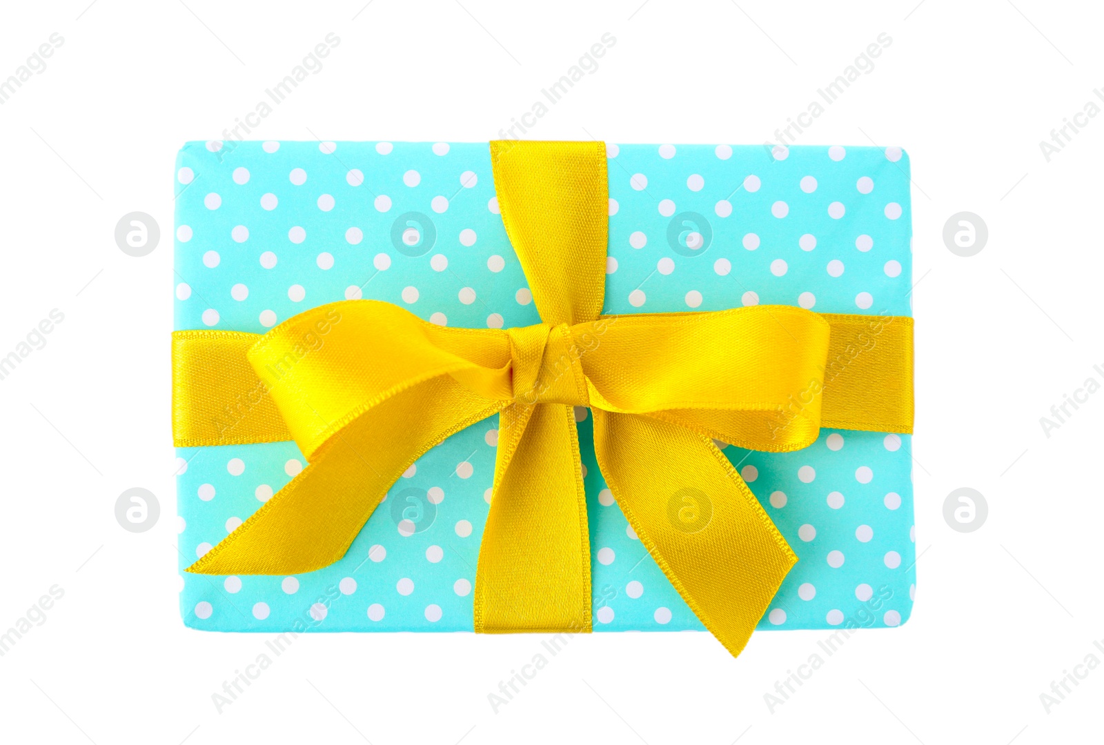 Photo of Gift box with ribbon on white background, top view