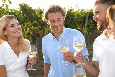 Friends holding glasses of wine and having fun on vineyard picnic