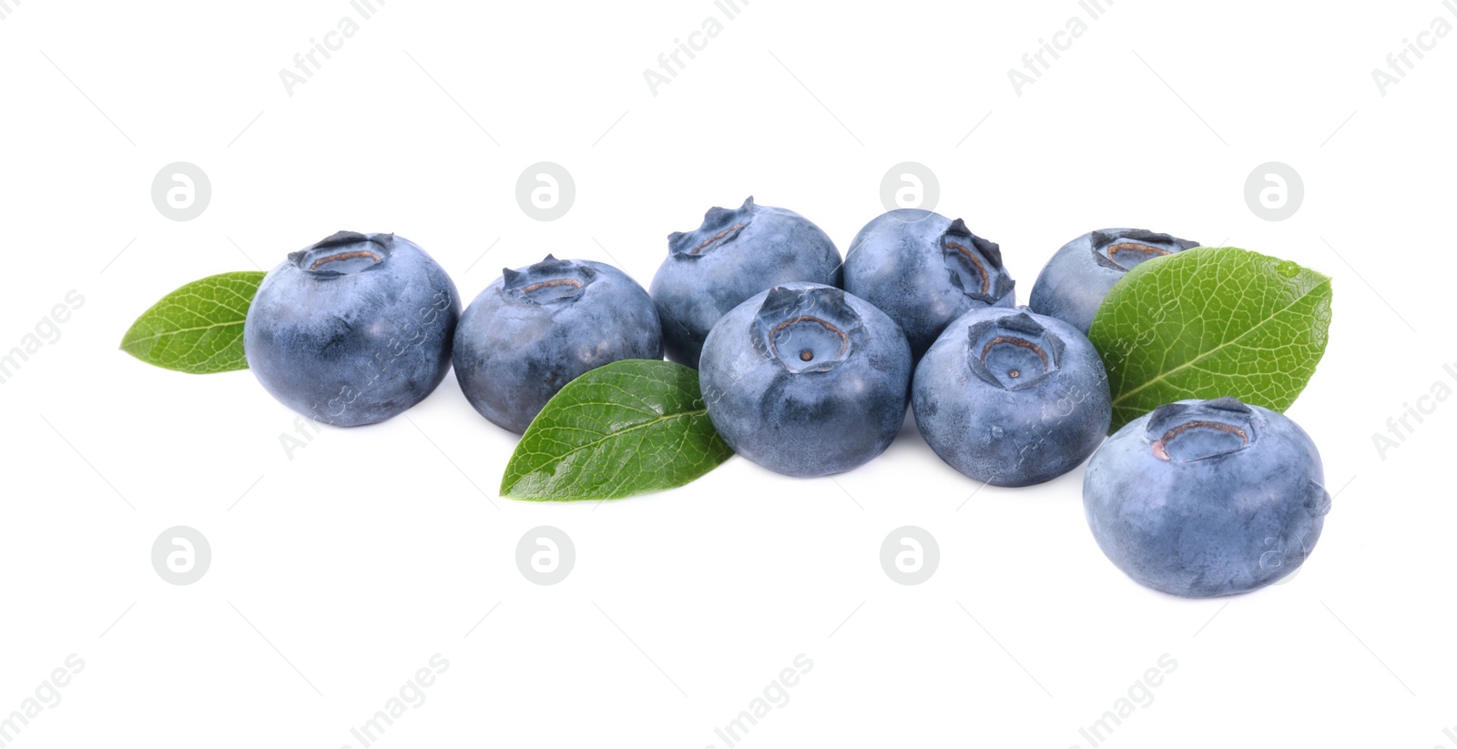 Photo of Many fresh ripe blueberries and leaves isolated on white