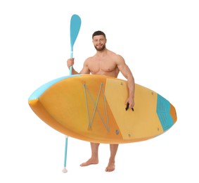 Happy man with orange SUP board and paddle on white background