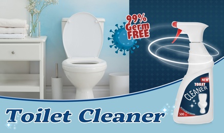 Image of Toilet cleaner and shiny unstained bowl, ad design  