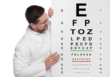 Image of Ophthalmologist with vision test chart on white background