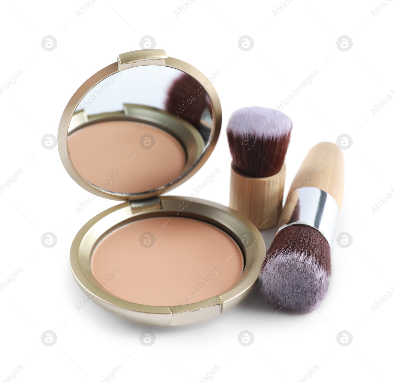 Photo of Face powder and brushes isolated on white. Makeup product