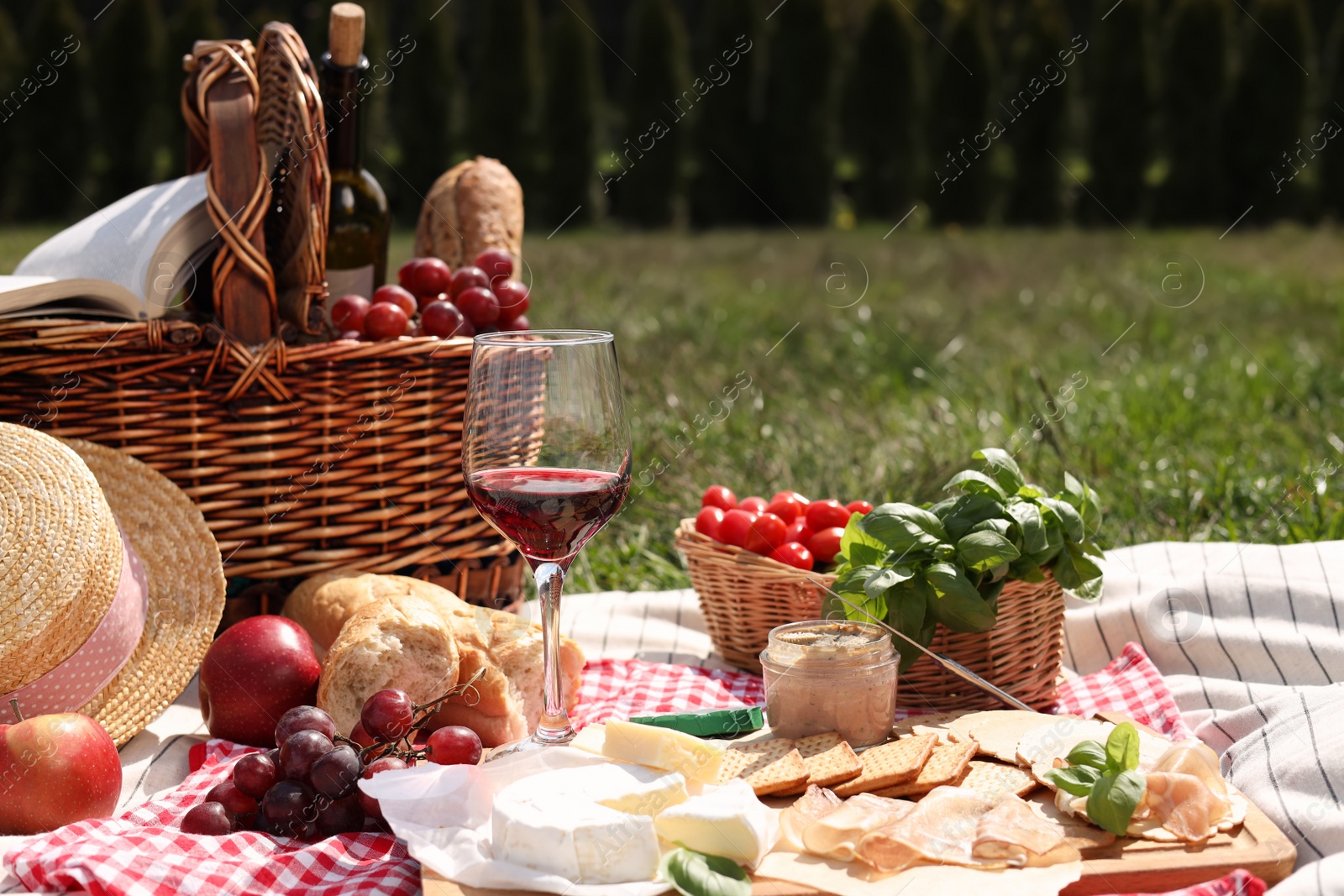 Photo of Blanket with picnic basket and different products on green grass